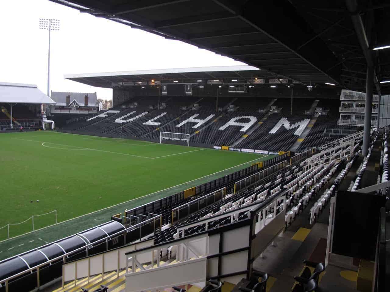 Pitch view from the Johnny Haynes Stand at Craven Cottage