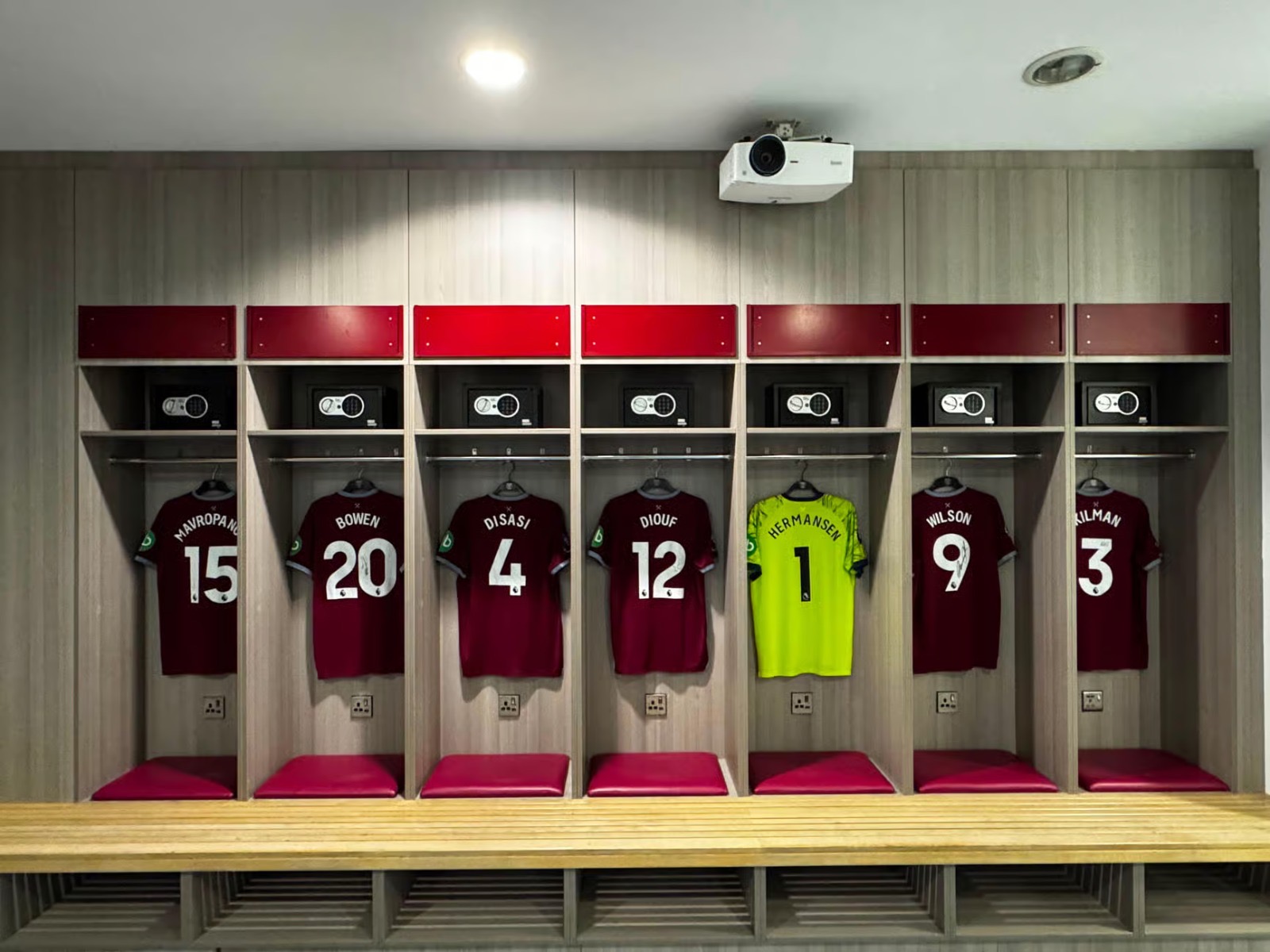West Ham home dressing room with shirts hanging in the London Stadium
