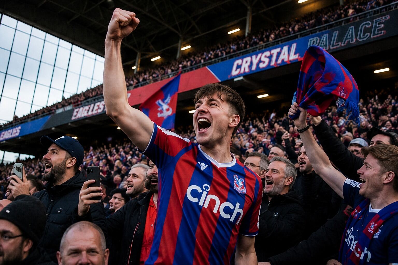 Crystal Palace fan celebrating in a packed stand at Selhurst Park