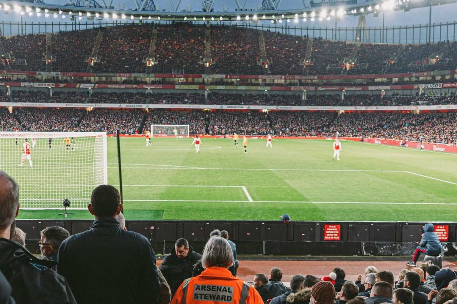 View of the Emirates Stadium pitch from the stands on matchday