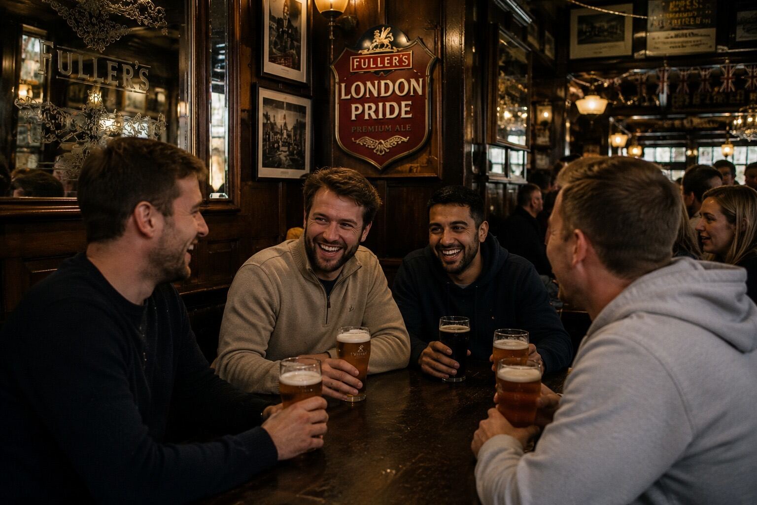 Friends laughing over pints in a classic London Fuller's pub